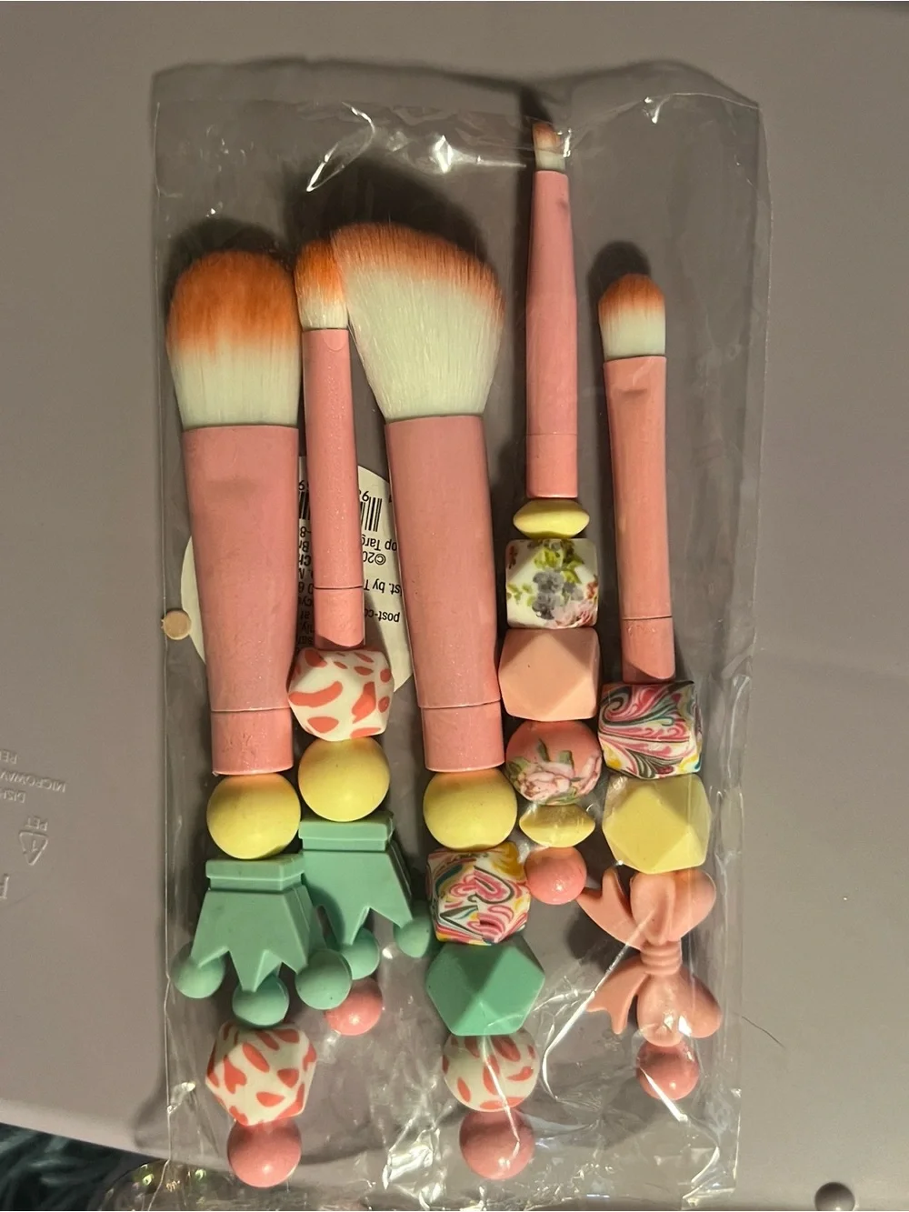 Pink makeup Brush Set with Decorative Beads, soft textured. Good brushes.